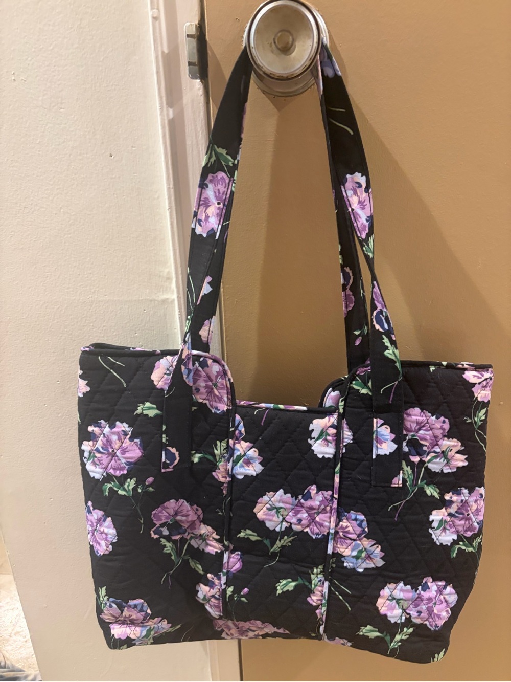 Quilted Floral Tote Bag - Black with Purple Bloom